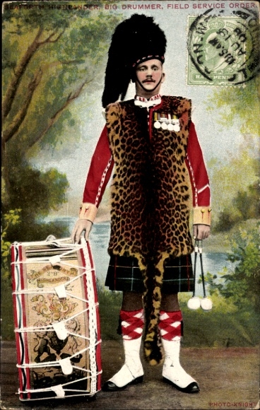 Postcard Big Drummer, field service order, Seaforth Highlander