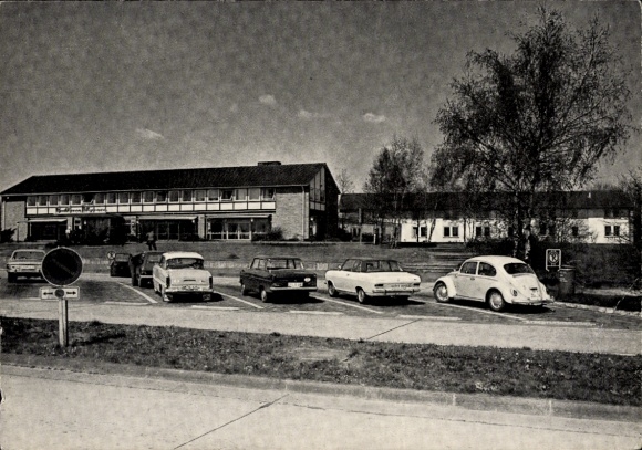 Postcard Rhynern Hamm in Westphalia, motorway service area north side, buildings, cars, road traffic