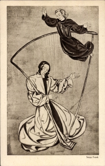Artist PC Frank, Sepp, woman playing a harp, Munich emergency aid lottery April 1933