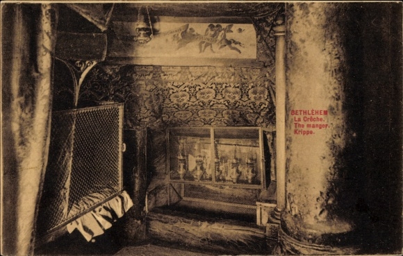 Ak Bethlehem Palästina, Blick in die Krippe,  Zimmer mit Säulen,  Darstellung