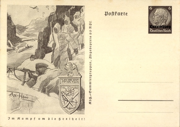 Postal stationery artist Postcard Axster Heudtlaß, In the fight for freedom, Narvik, mountain hunters in Norway