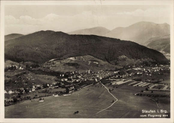 Postcard Staufen im Breisgau, Staufen i. Brg, aerial photograph, hills and fields, scenic