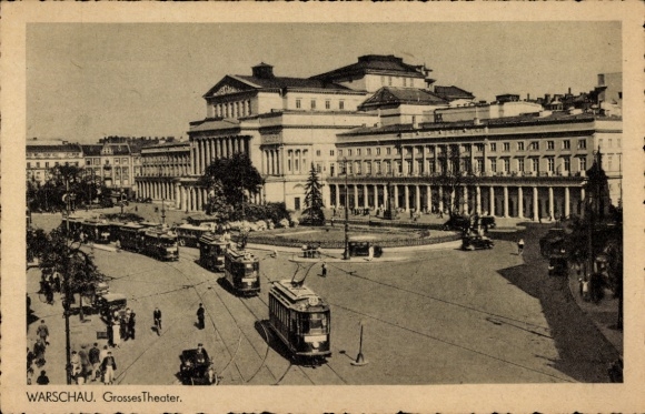 Postcard Warszawa Warsaw Poland, Great Theatre, trams