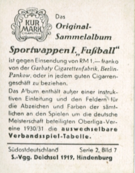 Collector's picture sports coat of arms, football, southeast Germany, SVgg Deichsel 1919 Hindenburg, picture no. 7