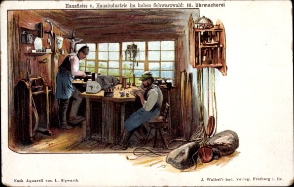 Artist Chromo-Litho Sigwarth, L., diligence and domestic industry in the high Black Forest, watchmaking