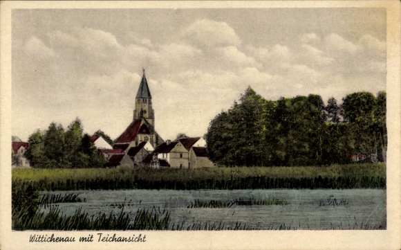 Ak Wittichenau in der Oberlausitz, Kirche, Teich