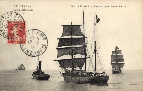 Ak Fécamp Seine Maritime, Schiffe, Hafenansicht, Abfahrt nach Neufundland, historische Fotografie