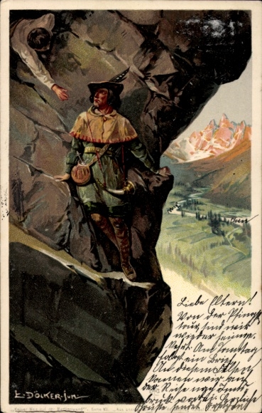 Kunstenaar litho Döcker, E., Kaiser Max op de Martinswand