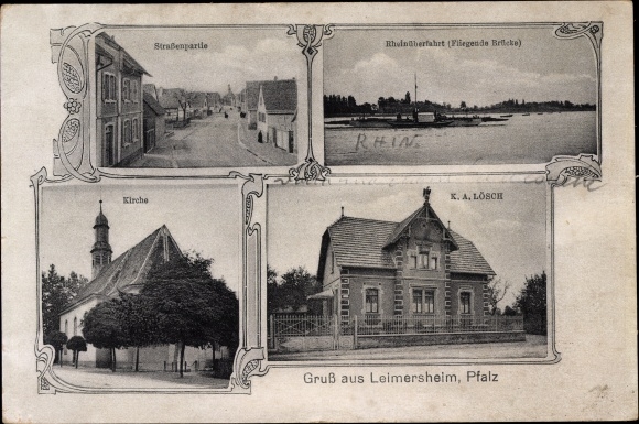 PC Leimersheim Rülzheim in Rhineland-Palatinate, street section, Rhine ferry, church, business
