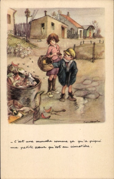 Artist Postcard Poulbot, Francisque, children, garbage can, flies