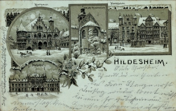 Moonlight Winter Chromo-Litho Hildesheim, town hall, train station, market square, 1000-year-old rose bush