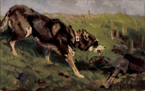 Artist PC Heide, the medical dog in the field, searching for the wounded, Red Cross