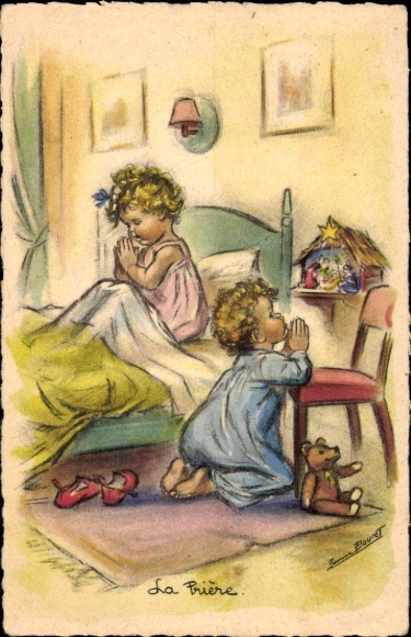 Artist Postcard Bouret, Two children kneeling praying by the bed., Prayer