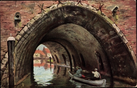 Kunstenaarskaart Gerstenhauer, stel in een roeiboot onder een brug door