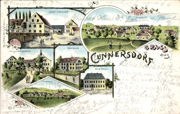 Chromo-Litho Cunnersdorf glassworks in the Eastern Ore Mountains, inn, old and new school, Freigut Kretzschmar