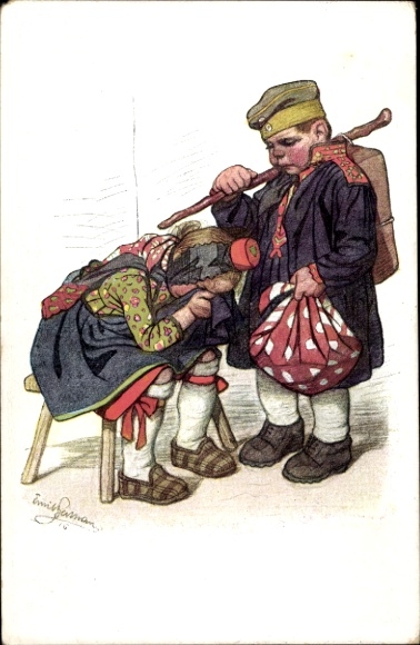 Artist PC Beithan, Emil, soldier says goodbye to woman in Hessian costume