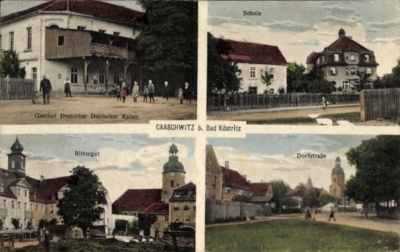 Postcard Caaschwitz Thuringia, manor, school, village street, inn Deutscher Kaiser