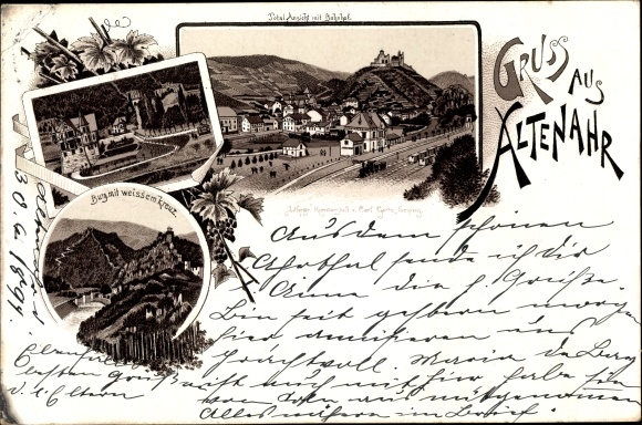 Vorläufer Litho Altenahr in Rheinland Pfalz, Burg mit weißem Kreuz, Gesamtansicht mit Bahnhof