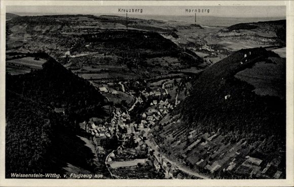 Postcard Weißenstein Lauterstein in Württemberg, aerial photograph, Hornberg, Kreuzberg