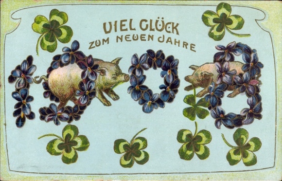 Embossed PC Happy New Year 1908, pigs, violets, lucky clover