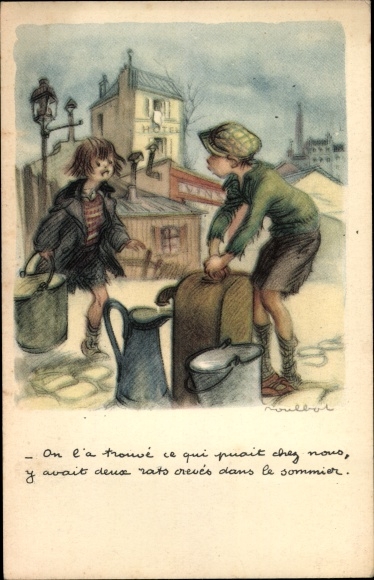 Artist PC Poulbot, Francisque, boy at the water pump, girl comes with a bucket