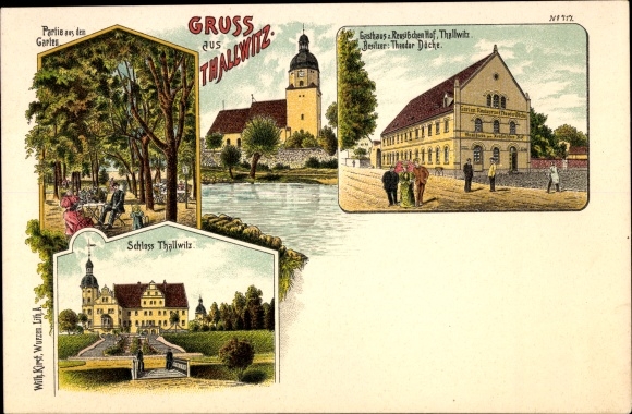 litho Thallwitz in Saksen, herberg aan het Preußischer Hof, kasteel