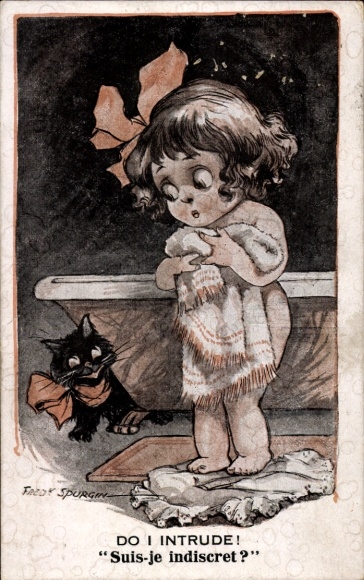Artist Postcard Spurgin, Fred, girl in front of the bathtub, black cat