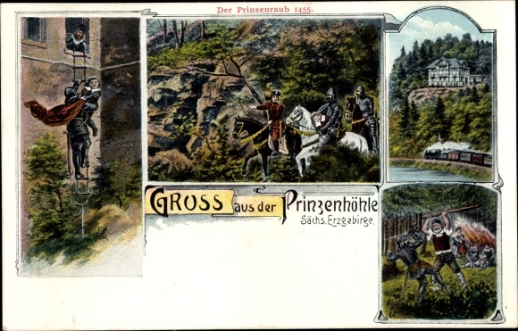 Künstler Ak Hartenstein Erzgebirge, Prinzenhöhle, Dampflok, Prinzenraub 1455 in Altenburg