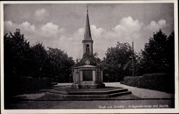 Ak Gröditz Sachsen, Kriegerdenkmal, Kirche, Gasthof Richter