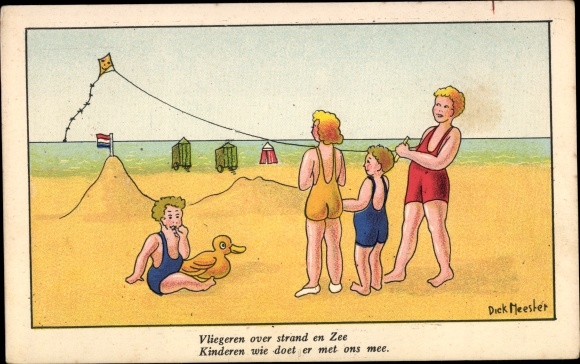 Artist PC Meester, Dick, children fly a kite on the beach