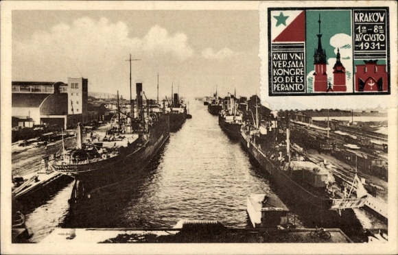 Postcard Århus Aarhus Denmark, harbor, vignette Krakow, Universala Kongreso de Esperanto 1931