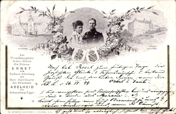 Coat of arms Postcard Ernst of Saxe Altenburg, Adelheid of Schaumburg Lippe, wedding