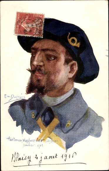 Kunstenaarskaart Dupuis, Emil, Hartmanskopfweiler, soldaat in uniform, posthoorn
