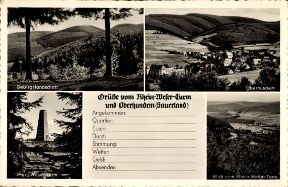 Postcard Oberhundem Kirchhundem Sauerland, mountain landscape, Rhine-Weser Tower, panorama