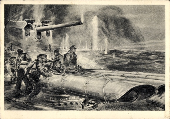Artist Postcard Matejko, Theo, Off Norway, torpedo tubes ready to fire, Kriegsmarine