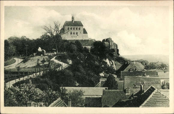 Postcard Havelberg in Saxony Anhalt, view of the cathedral with Bischofsberg, houses and landscape, black