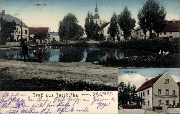 Postcard Jacobsthal in Saxony, village view, bakery house