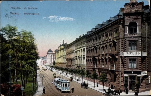 Postcard Kraków Kraków Poland, Ul. Basztowa, Basztowagasse, Hotel Belvedere, tram