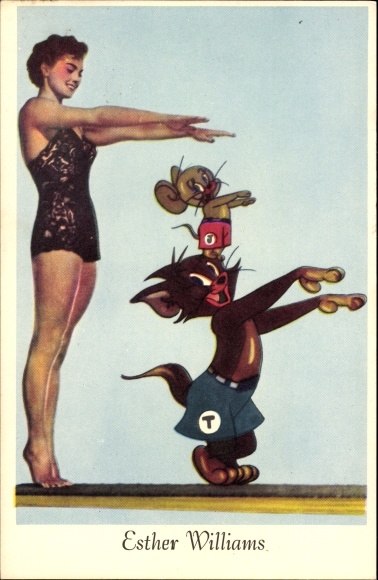 Postcard swimmer Esther Williams, Tom and Jerry, photomontage, comic
