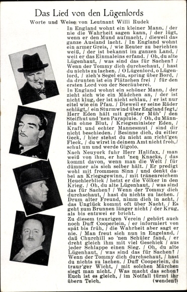 Song Postcard The Song of the Liar Lords, Willi Rudek, Churchill, Halifax, Duff Cooper