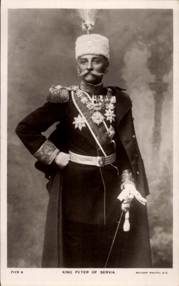 Postcard King Peter I of Serbia, standing portrait in uniform