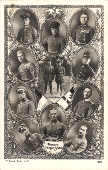 Ak Deutsche Fliegerhelden, Boelcke, Immelmann, Wintgens, Cossel, Windisch, Buddecke, Sanke 408