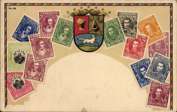 PC Venezuela, PC with stamps, coat of arms, Venezuelan stamps, ornamentation