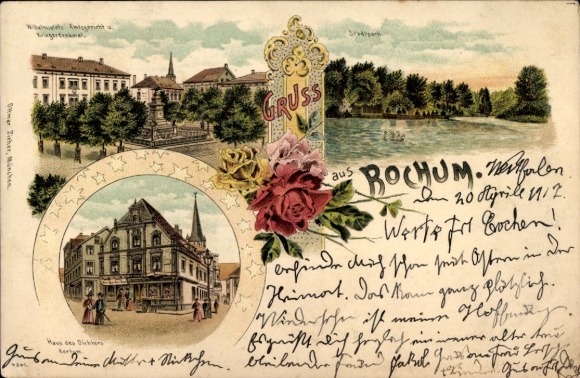 Litho Bochum im Ruhrgebiet, Haus des Dichters Kortum, Wilhelmplatz, Amtsgericht, Kriegerdenkmal