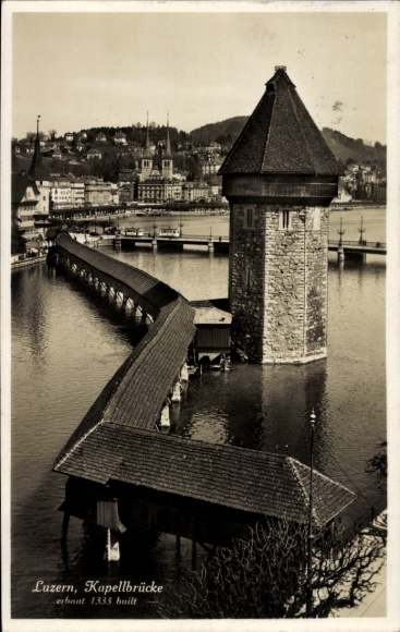 Postcard Lucerne City Switzerland, Water Tower, Chapel Bridge