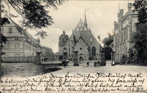 Postcard Zerbst in Anhalt, historical building, garden, entrance gate, old architecture