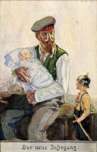 Postcard The new year, German soldier in uniform with baby, son in uniform