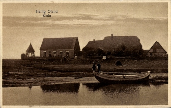 Ansichtkaart Hallig Oland Noord-Friesland, kerk, boot