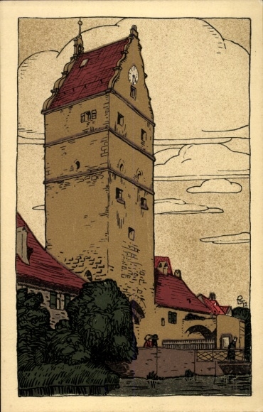 Ak Dinkelsbühl in Mittelfranken, Wörnih-Tor, Mühlgraben, beiger Hintergrund, Uhrturm, Wolken