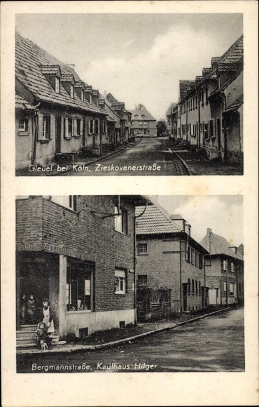 Postcard Gleuel Hürth near Cologne Rhein Erft district, Zieskovenerstrasse, Bergmannstrasse, Hilger department store